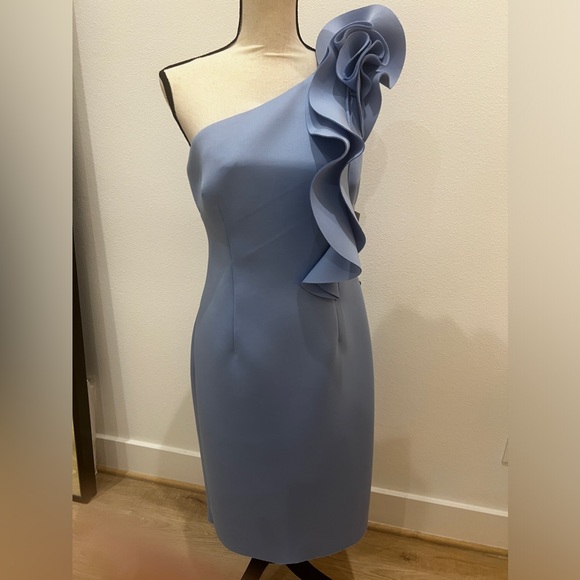 Sleeveless scuba sheath dress with ruffle detail at the shoulder by Eliza J. - Picture 3 of 6